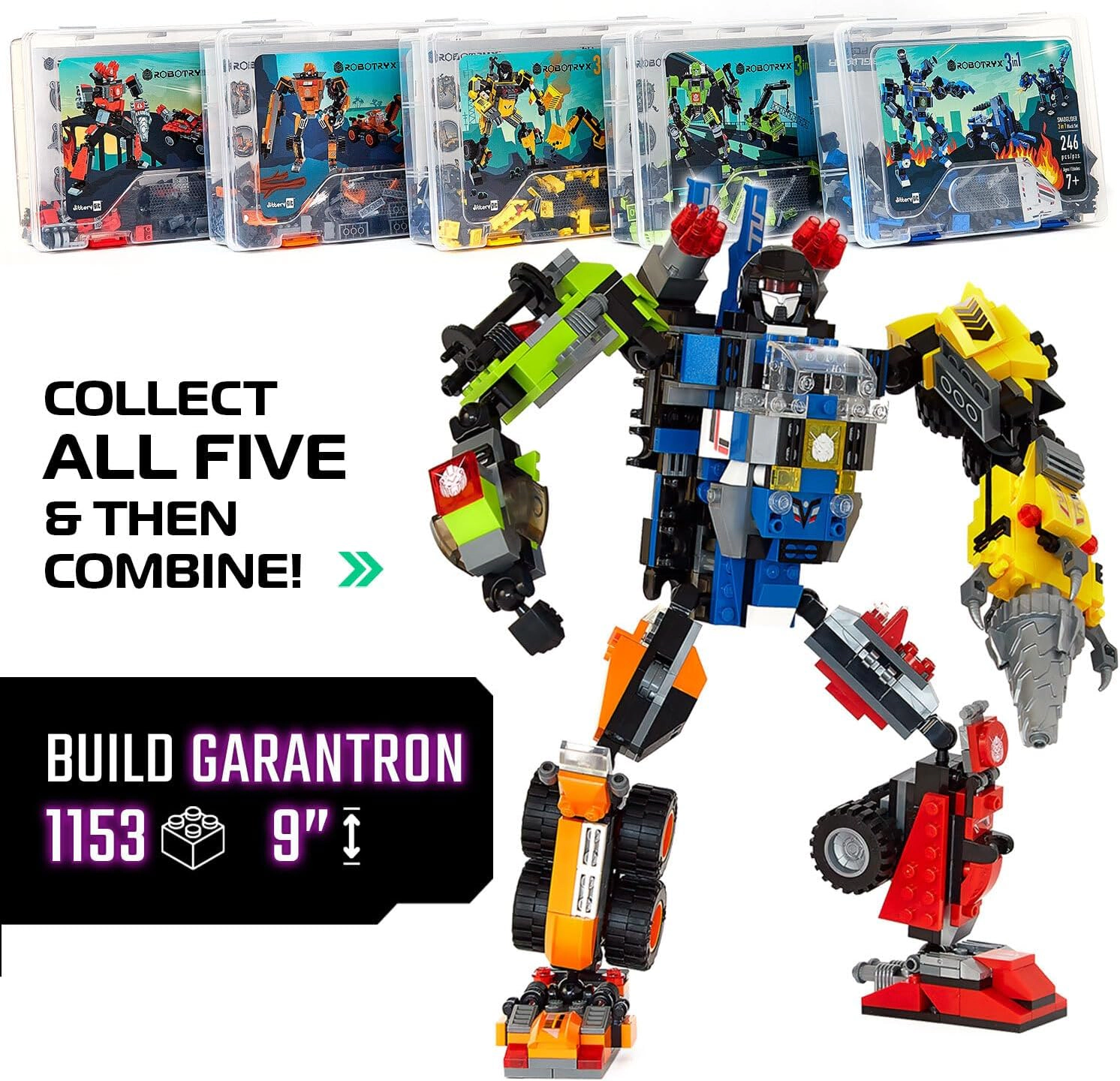 Robotryx Kids Snabglider 3-in-1 Robot Building Set - 246-Piece Blue Warrior & Puma with Forklift