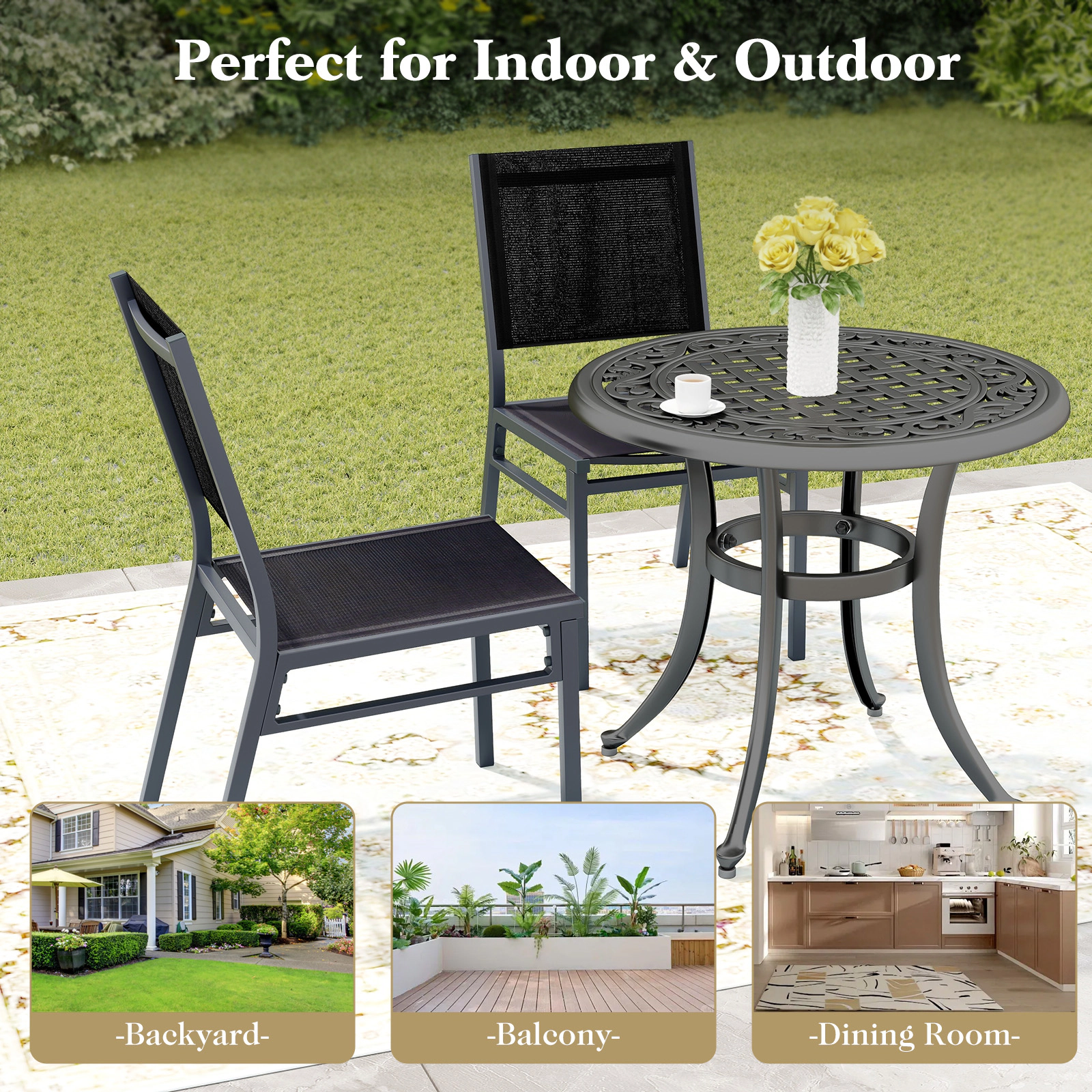 SUGIFT Set of 2 Black Aluminum Outdoor Patio Dining Chairs with Breathable Mesh