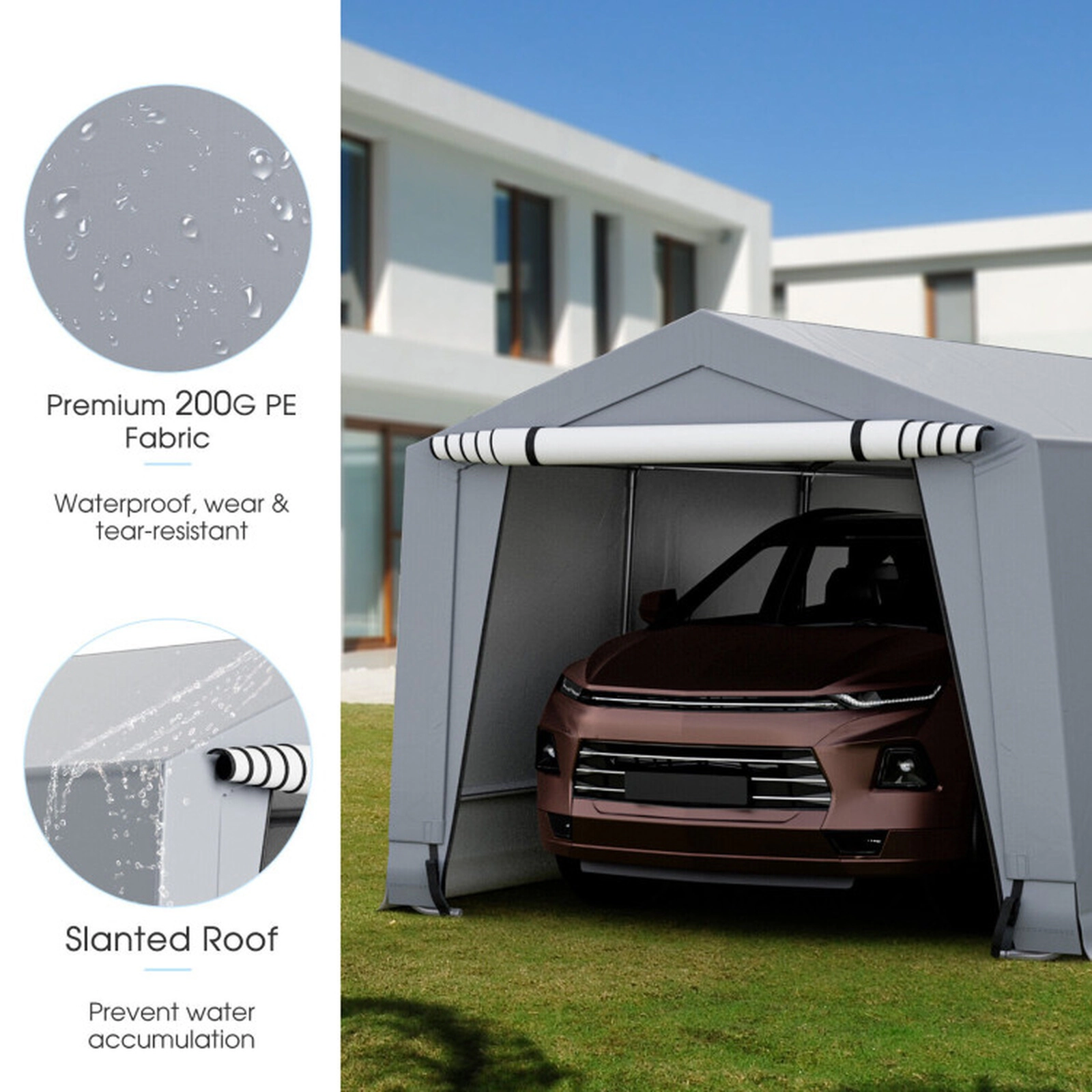 SUGIFT Gray 10-ft by 20-ft Galvanized Steel 200G PE Carport Canopy Shelter with 2 Removable Zippered Doors