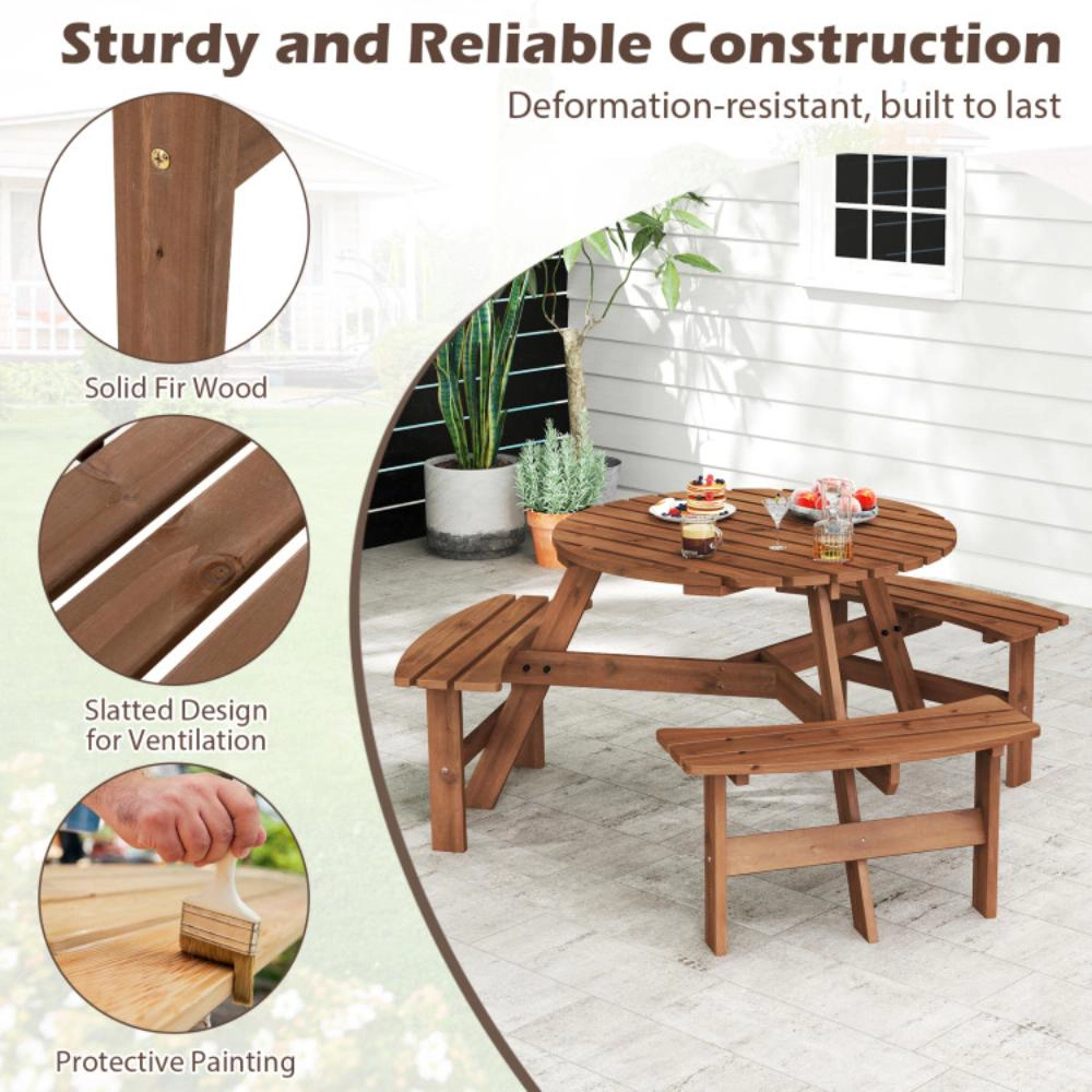 Hivvago 6-Person Round Picnic Table Set With 3 Built-In Benches And Umbrella Hole
