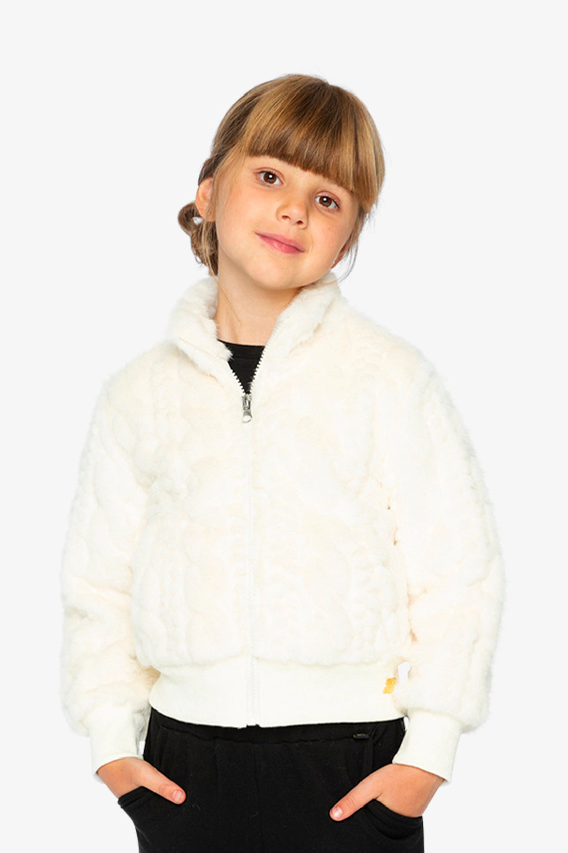Deux par Girls Cable-Texture Faux Fur Jacquard Bomber Jacket