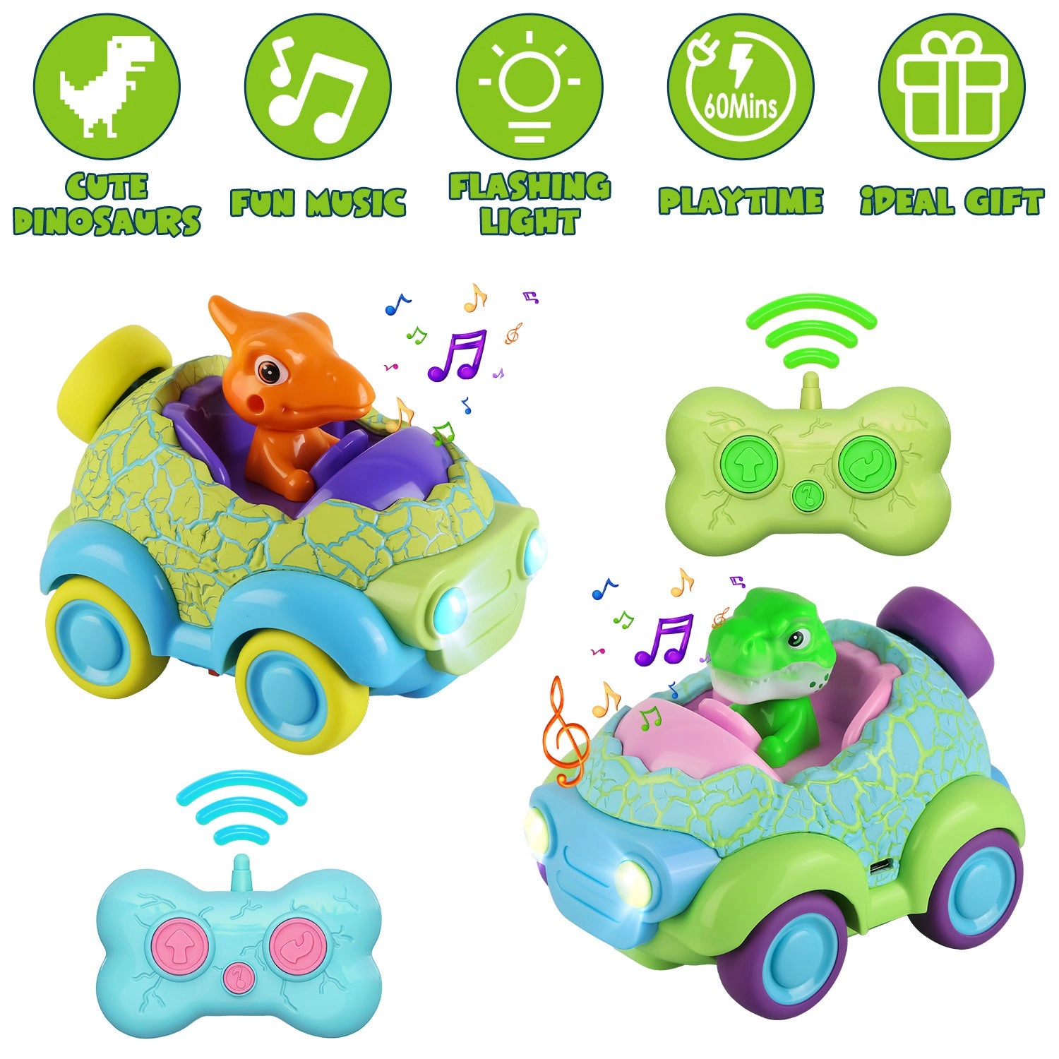 GBruno 2-Pack Rechargeable Dinosaur Remote Control Cars