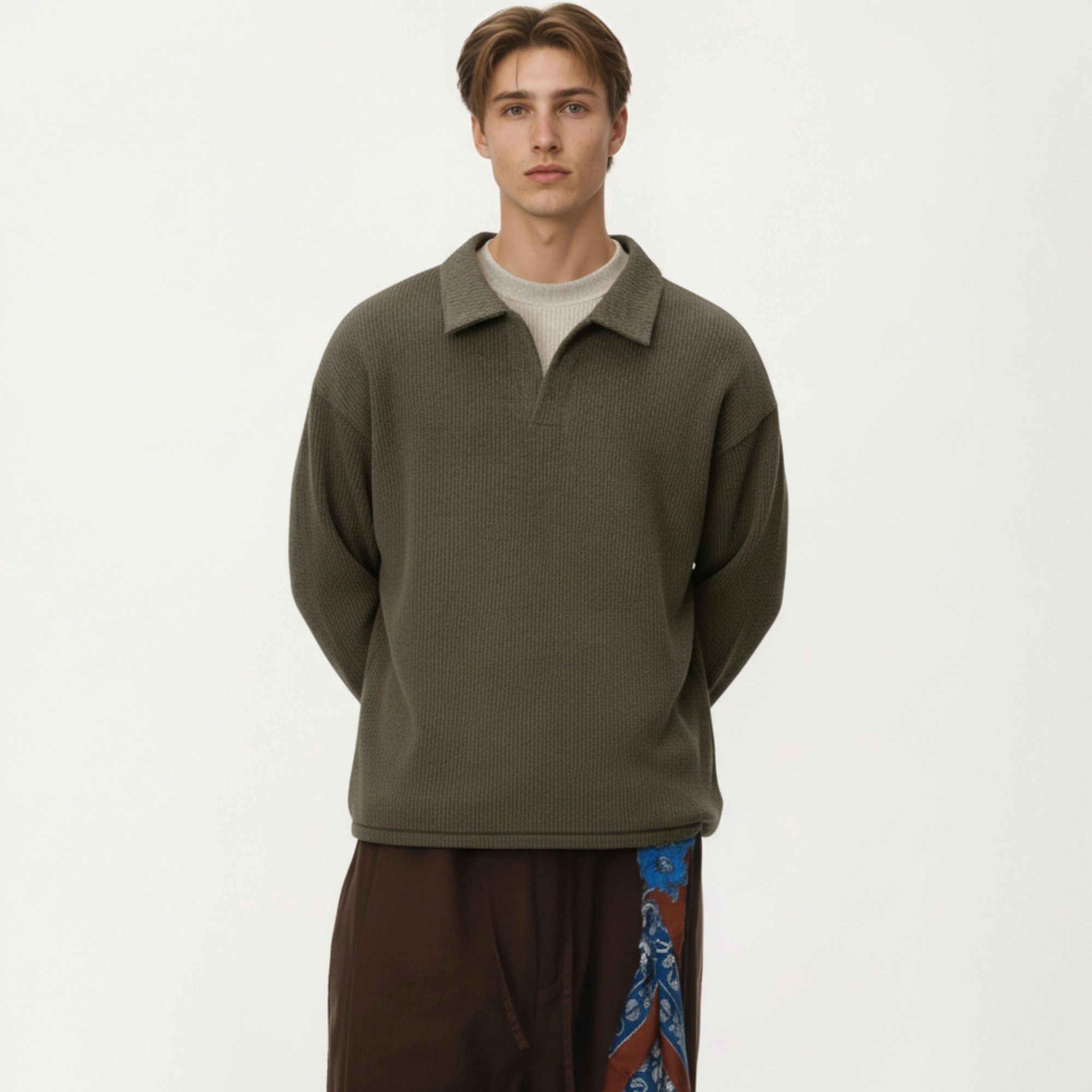 Anna-Kaci Men's Ribbed Long Sleeve Collared Pullover Top with Relaxed Fit