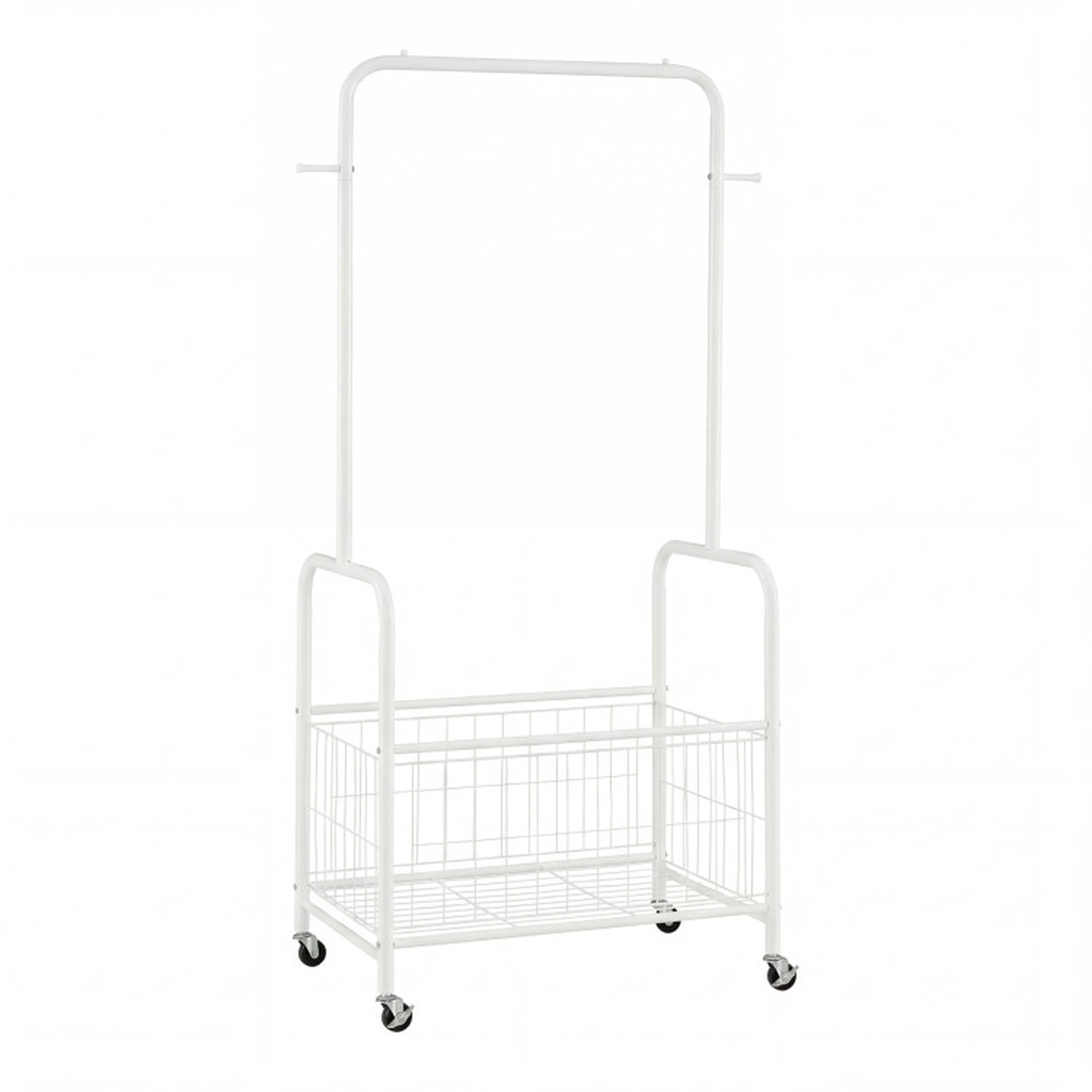 SUGIFT Rolling Metal Clothes Rack with Hanging Rod, Side Hooks and Storage Basket 110-lb Capacity White