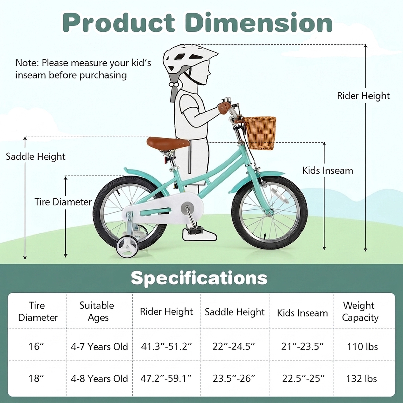16-in Kids Bike 21-in to 23.5-in Inseam Training Wheels Hand/Coaster Brakes Storage Basket Bell Ages 4-7 Green