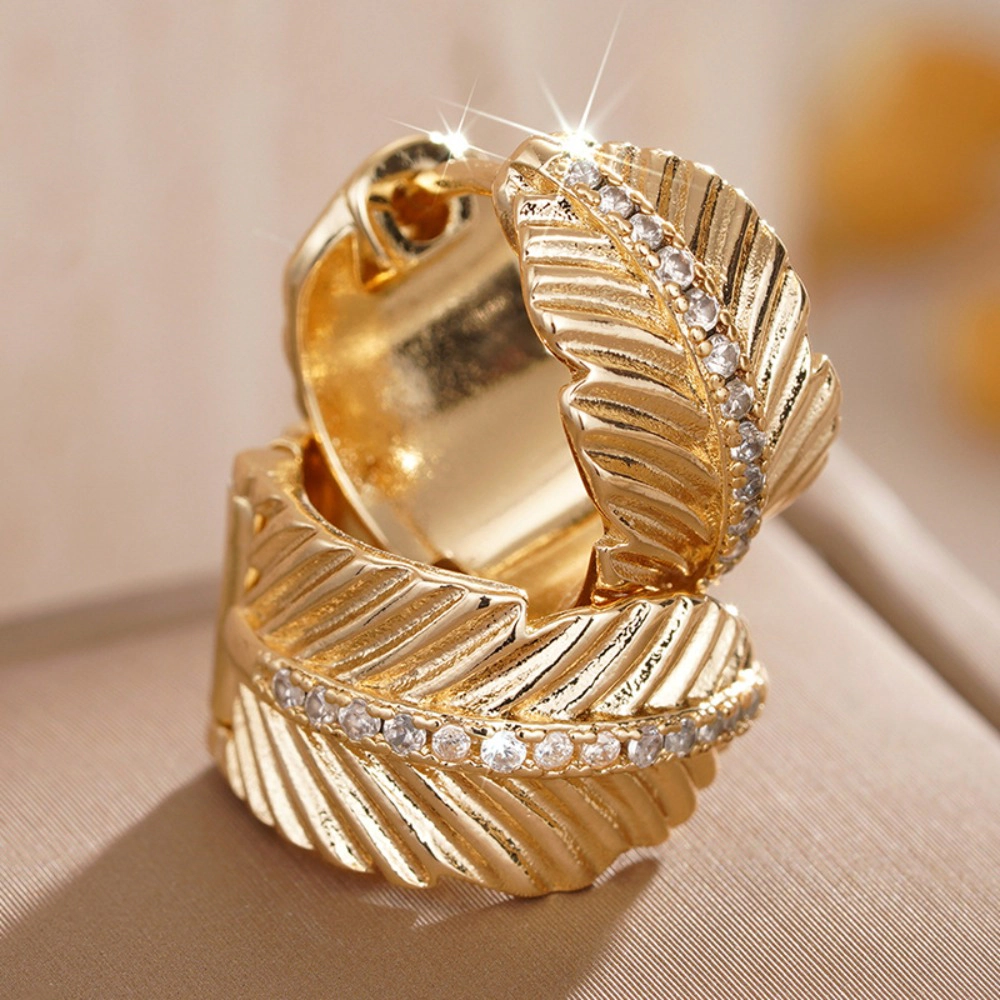 Wardrobe Whimsy Textured Leaf Hoop Earrings Paved Cubic Zirconia Gold Tone Earrings for Women