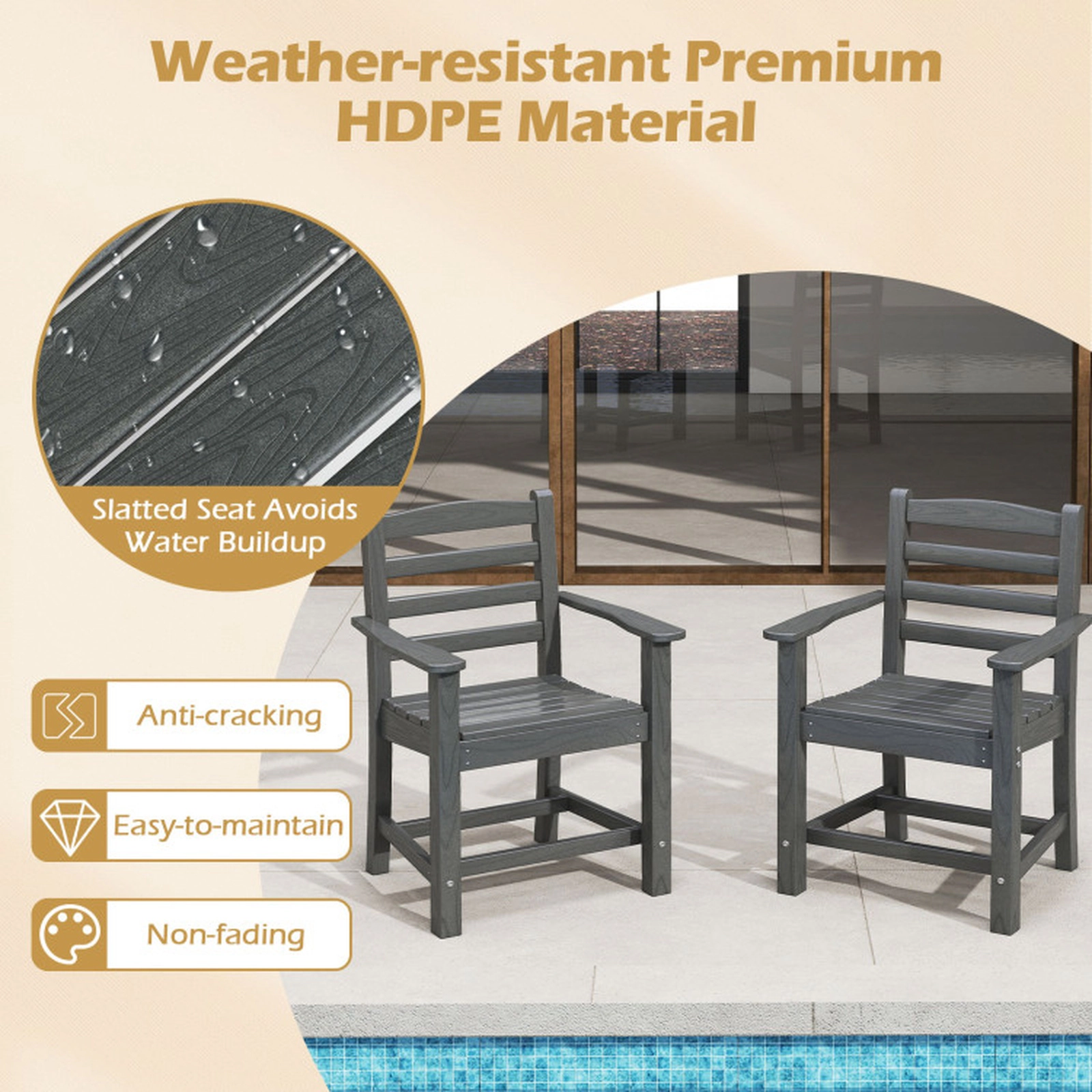 SUGIFT Set of 2 Gray HDPE Adirondack Patio Dining Chairs with Wide Arms