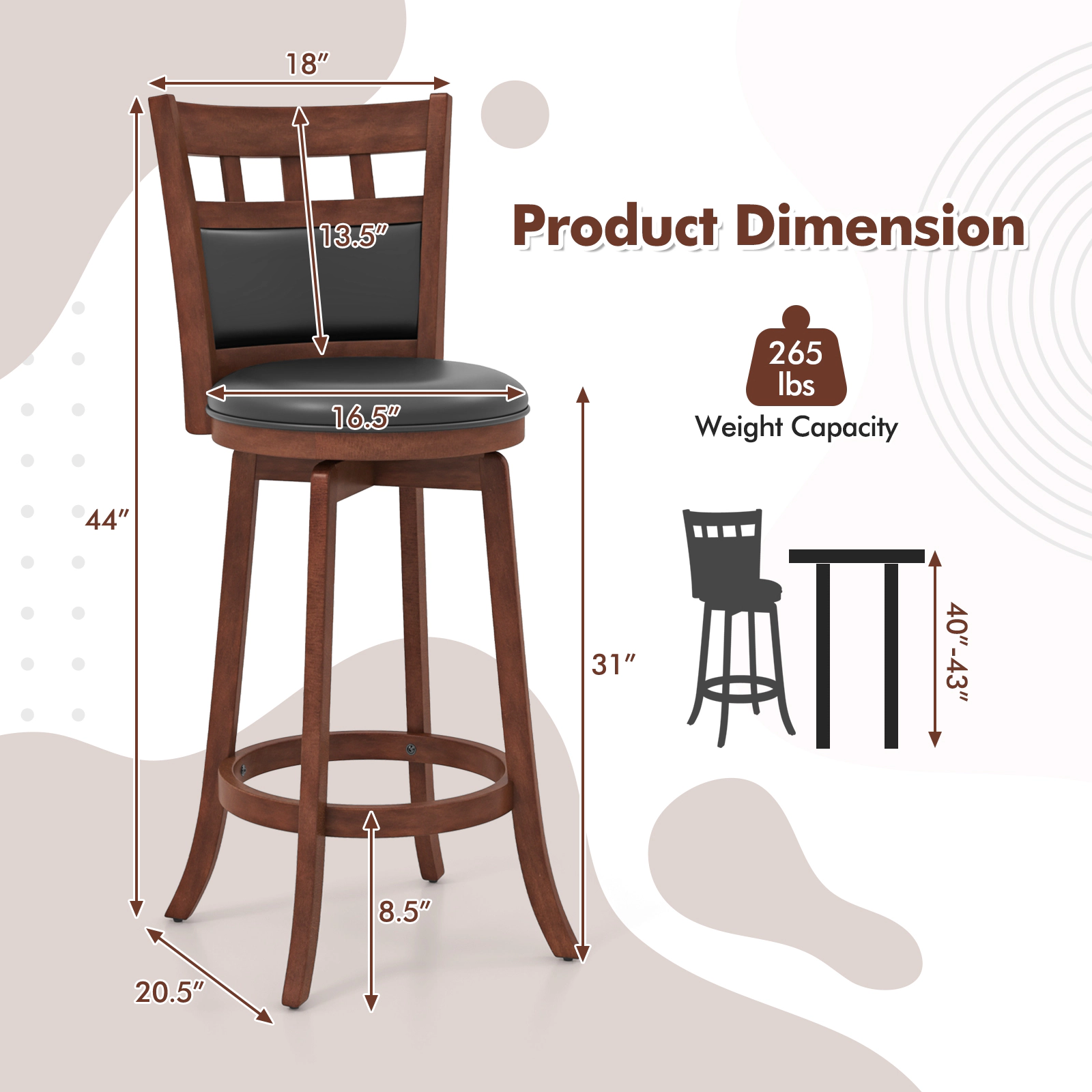 Glintex 2-Piece 31-Inch Swivel Bar Stool Set with Faux Leather Back and Seat, Espresso