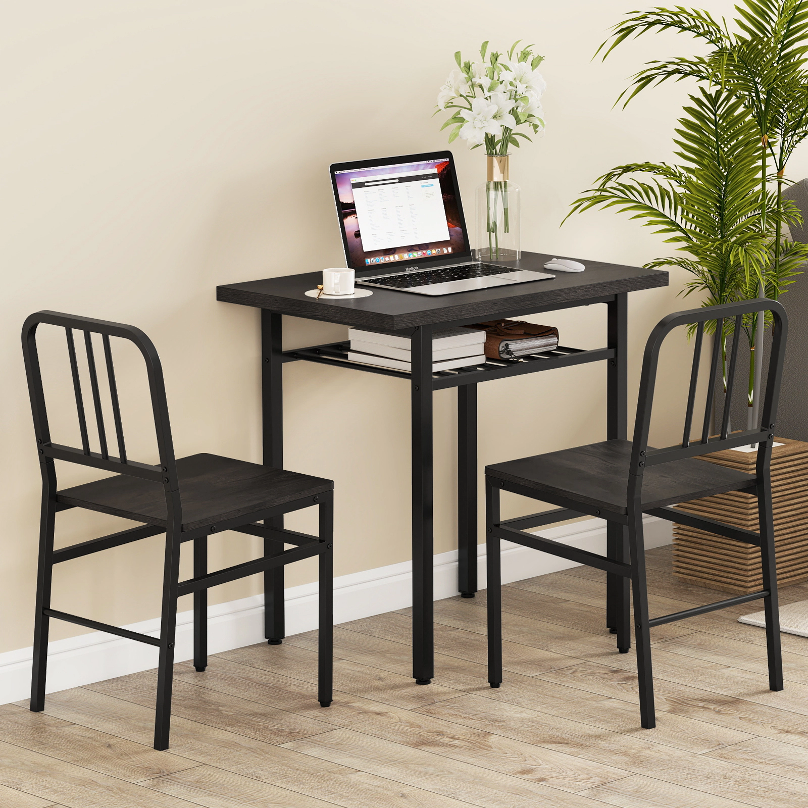 SUGIFT 3-Piece Engineered Wood and Metal Dining Table Set with Storage Shelf 200-lb Table 330-lb Chairs Gray