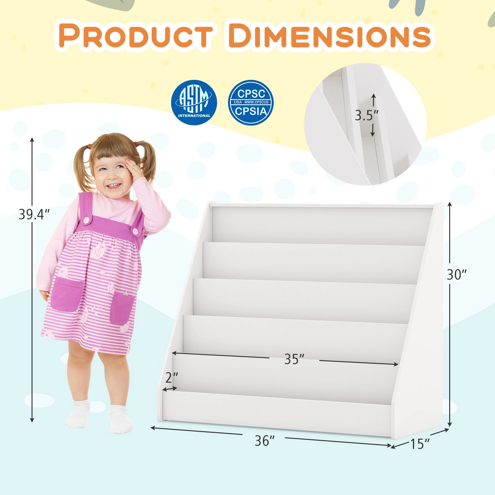 SUGIFT Kids 5-Tier Deep Compartments Front-Facing Anti-Tip Wooden Bookshelf 36-in x 15-in x 30-in Ages 3+ White
