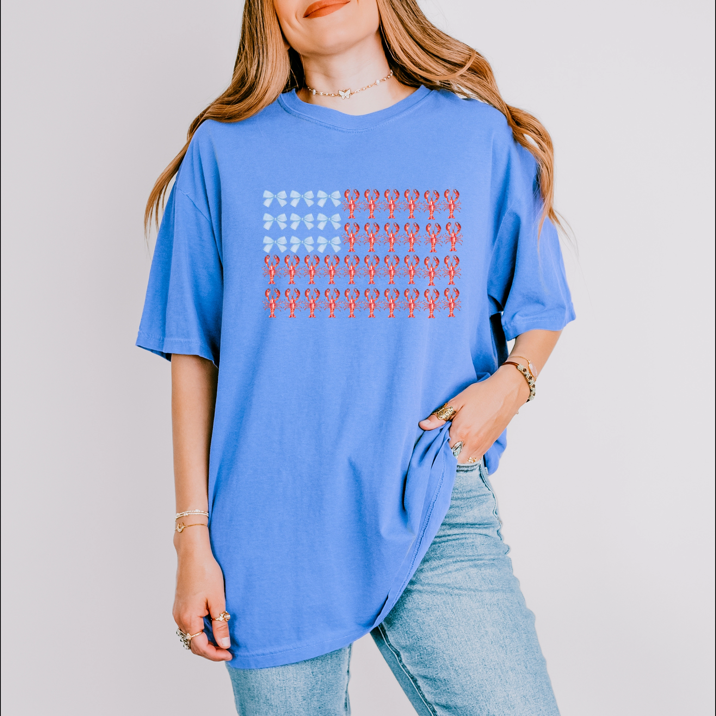 Simply Sage Market - Lobster American Flag Coquette Women's Garment Dyed Graphic T-Shirt