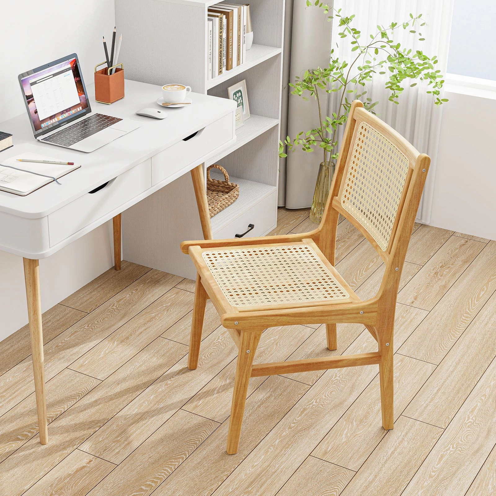 SlickBlue Farmhouse Rattan Dining Chair with Solid Teak Wood