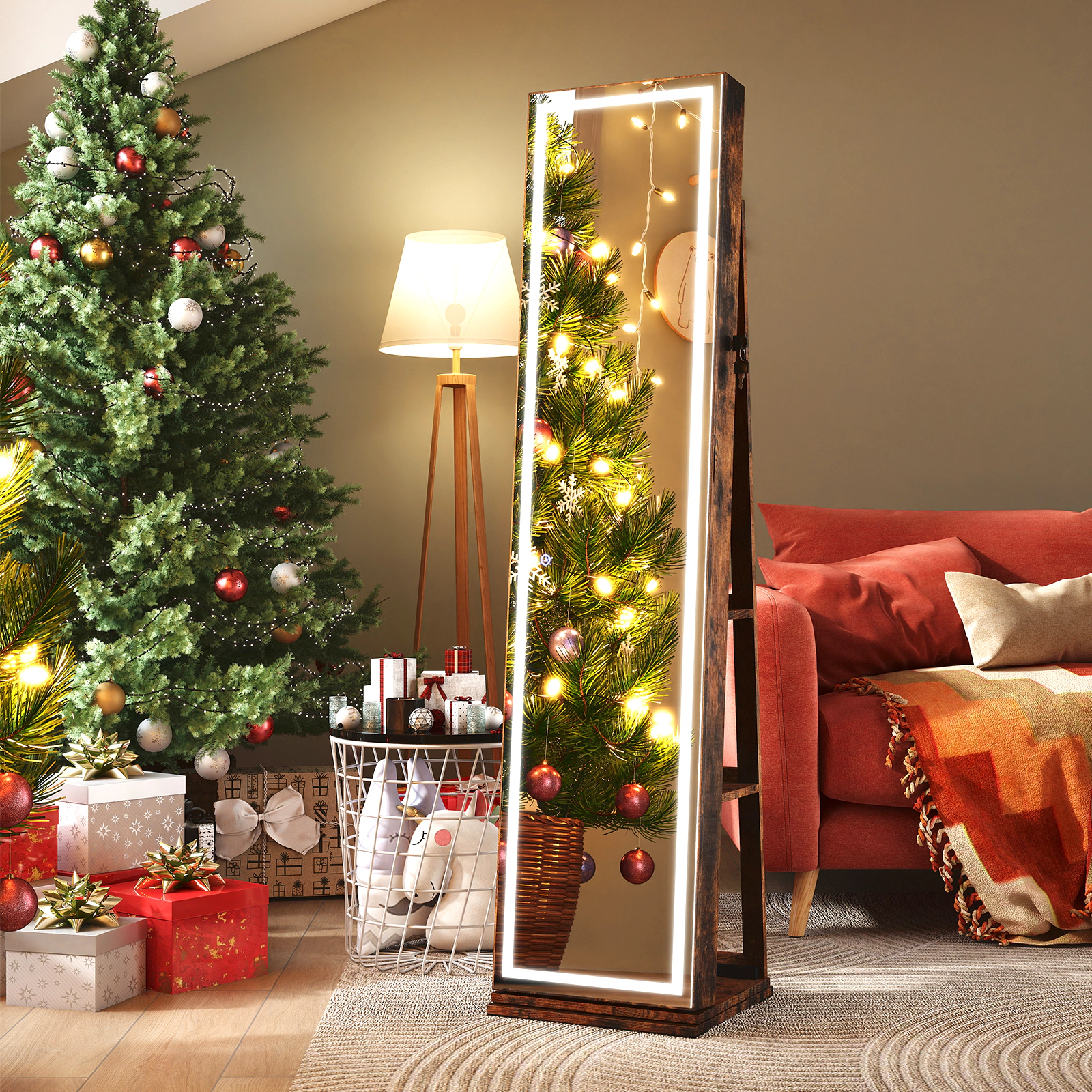 LJG 360° Swivel Freestanding Jewelry Cabinet with Lighted Full Length Mirror