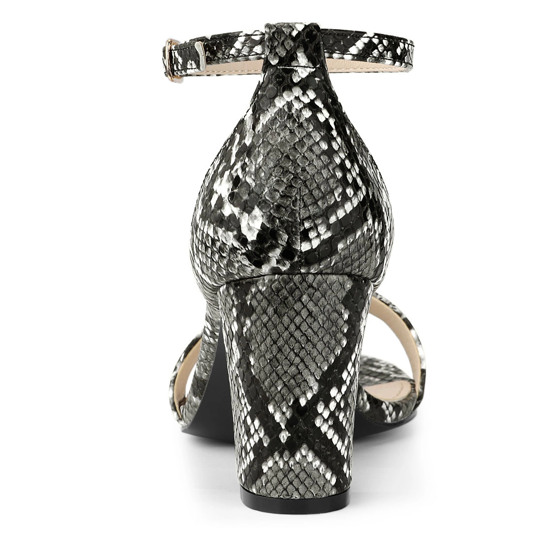 BLISSFUL STEP Women's Snakeskin Chunky Heels Ankle Strap Open Toe Sandals