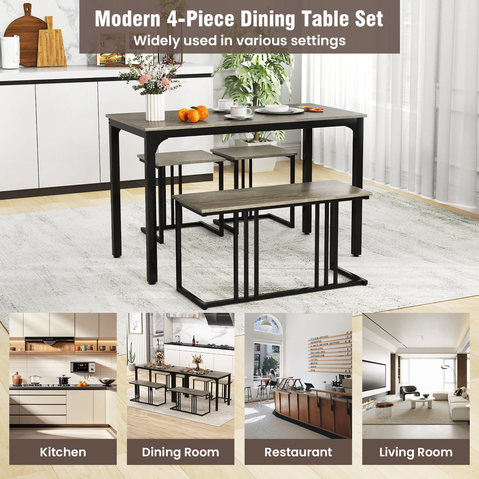 SUGIFT Oak 47.5 Inch Table Bench and 2 Stools 4-Piece Space Saving Dining Table Set