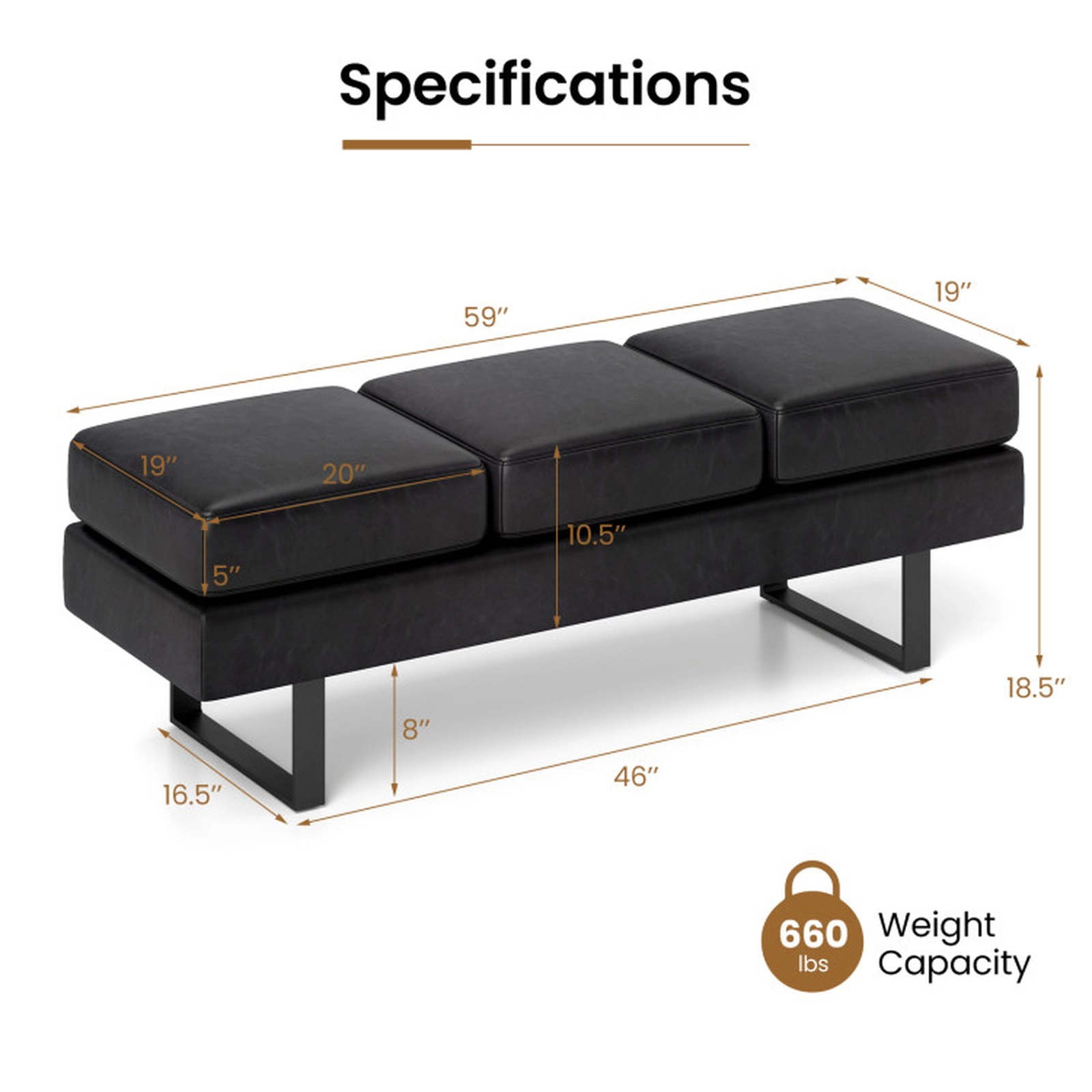 SUGIFT 3-Seat Waiting Room Bench with Faux Linen Cushions 660-lb Capacity 59-in Long Removable Cushion Design Gray/Black