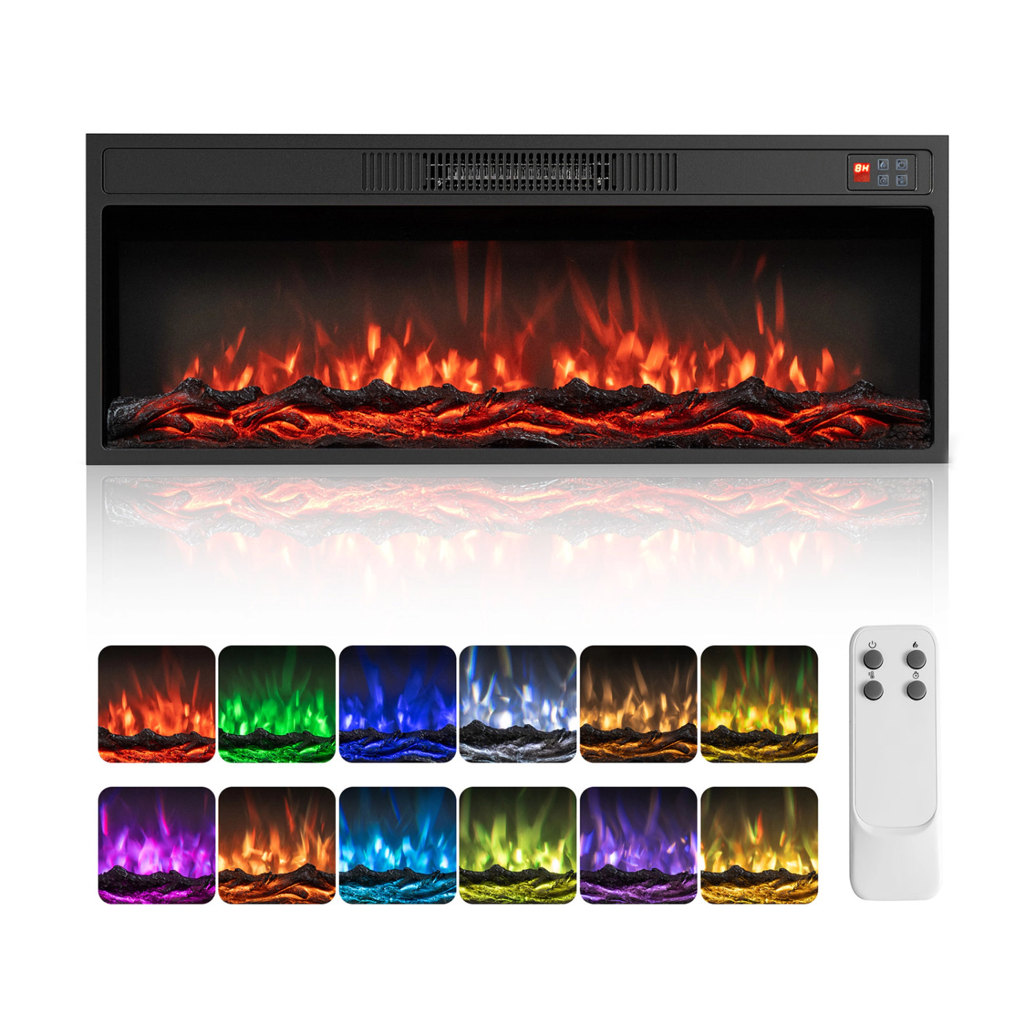 LJG Recessed Electric Fireplace Heater with Adjustable Flame Colors & Brightness