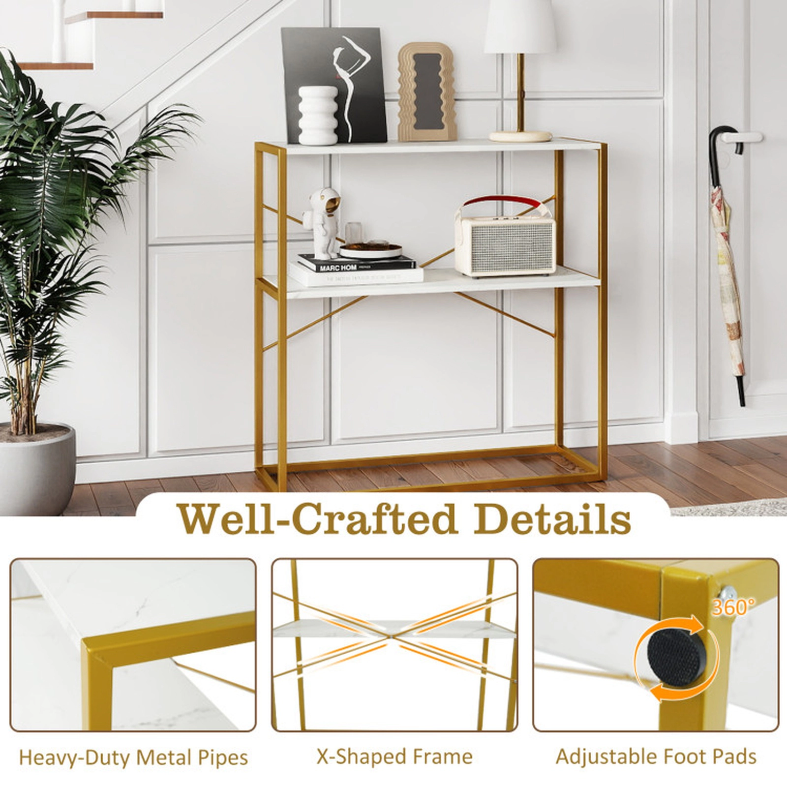 SUGIFT 2-Tier Open Shelves Gold Metal X Frame Entryway Console Table 36-in x 13-in x 36-in 66-lb per Shelf White