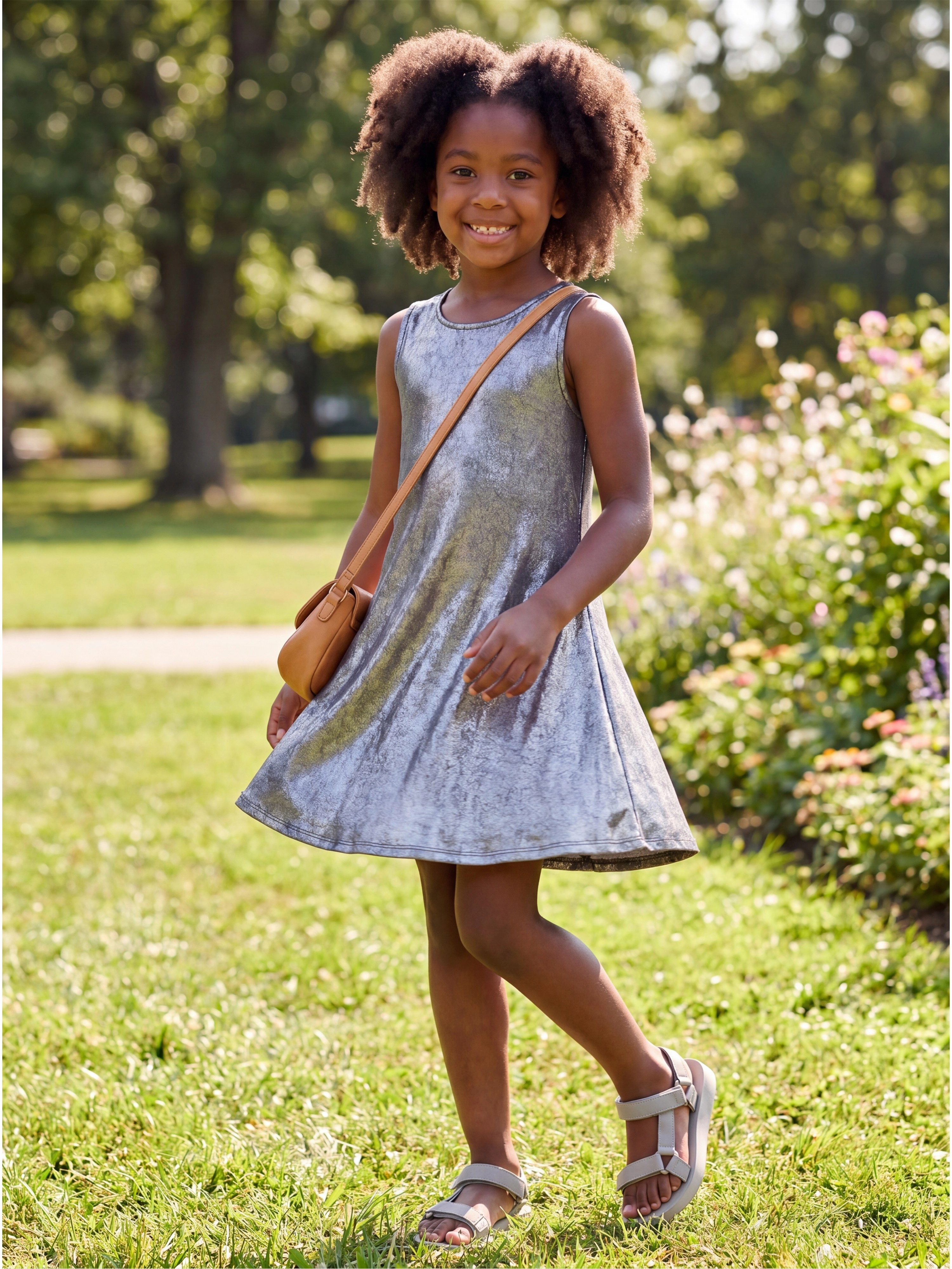 24sevenKid Essential Girls Black Shimmery Metallic Sleeveless A Line Dress