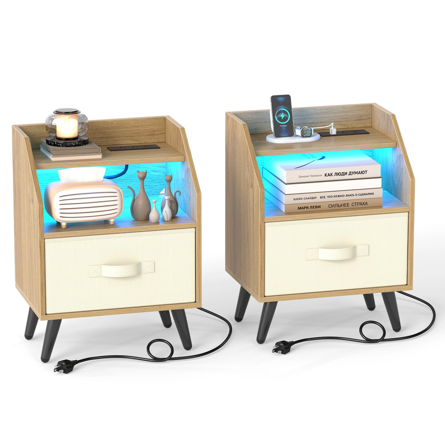 LJG Set of 2 Nightstands with LED Lights and Power Outlets for Living Room