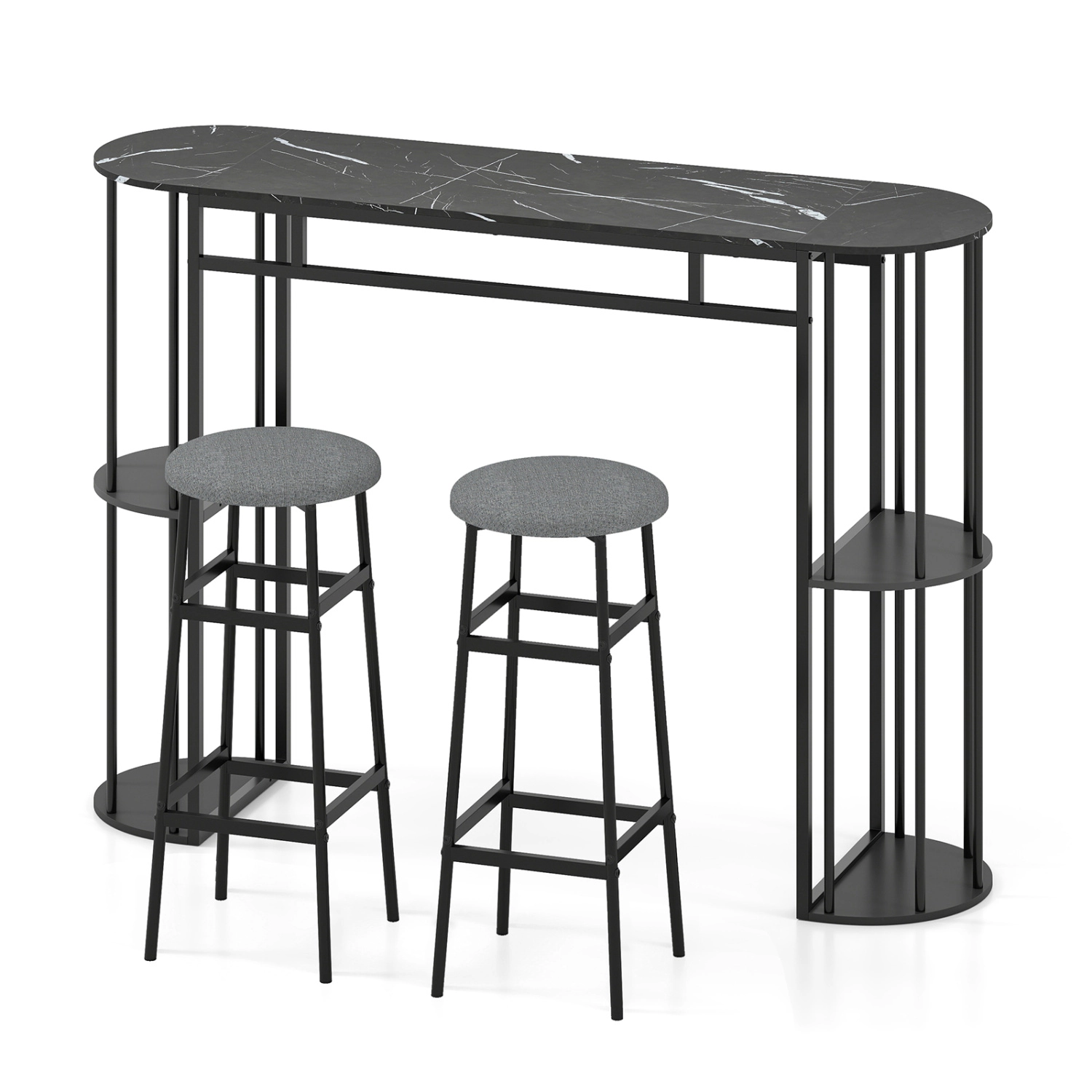 LJG 60 Inch Dining Table and 2 Upholstered Barstools with Faux Marble Tabletop