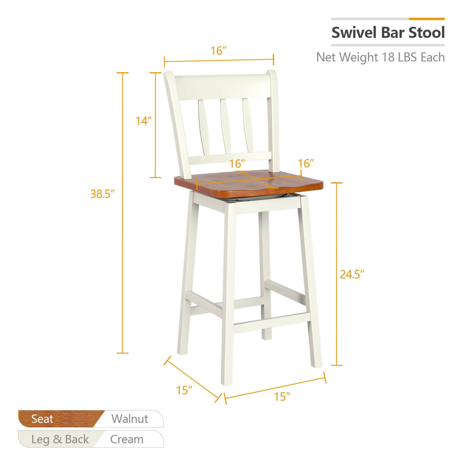 SUGIFT Set of 2 White 24.5-Inch Solid Rubberwood Counter-Height Swivel Bar Stools with Footrests