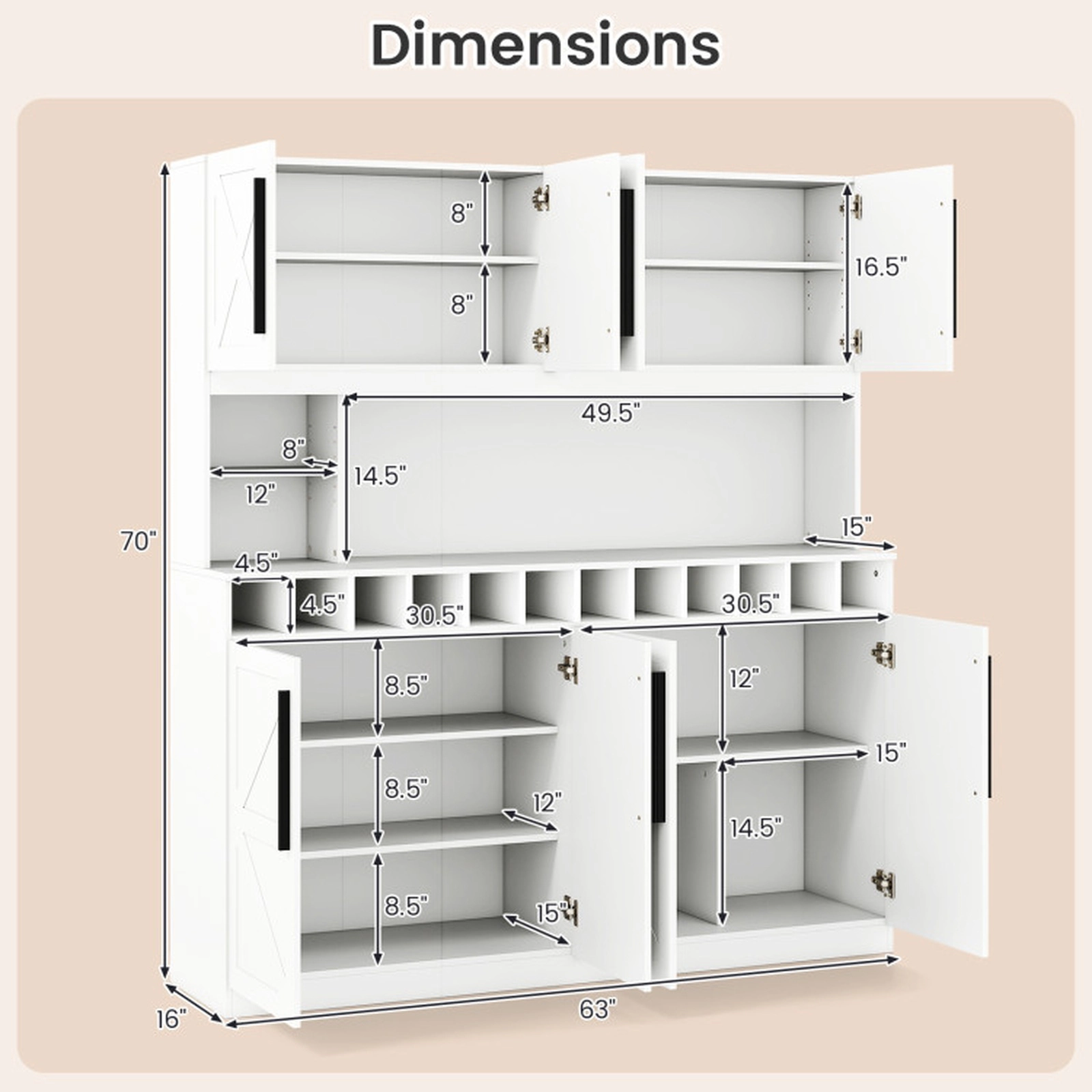 SUGIFT 70-in Farmhouse 4 Cabinets 2 Cubbies 12 Wine Slots Kitchen Pantry Cabinet 63-in x 16-in 330-lb Capacity White