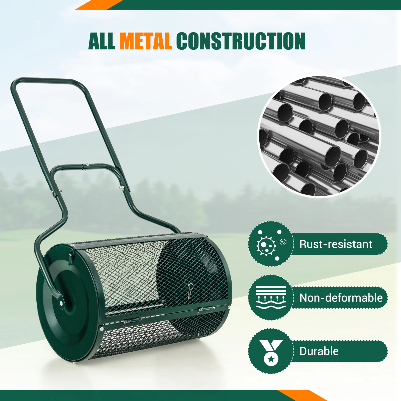 SUGIFT Green 24-in Peat Moss Spreader Roller with 2.7-cu ft Mesh Drum U-Shaped Handle and Side Latches