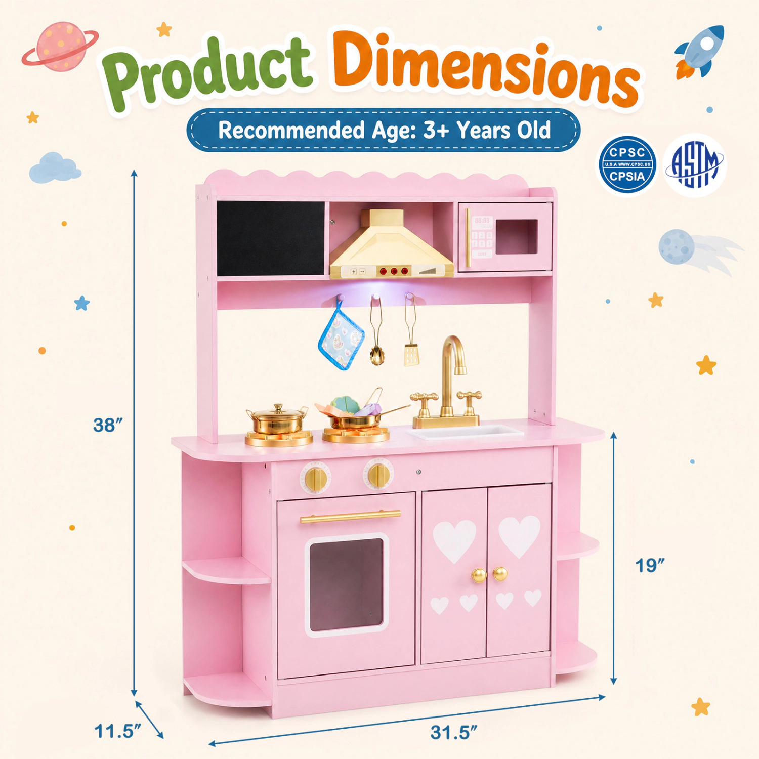LJG Wooden Play Kitchen with Lights & Sounds and Stove Oven for Toddlers Ages 3+