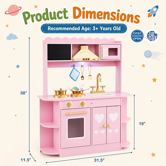 LJG Wooden Play Kitchen with Lights & Sounds and Stove Oven for Toddlers Ages 3+
