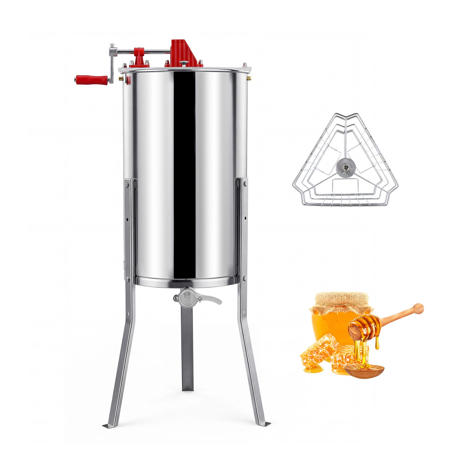 LJG 3 Frame Manual Honey Extractor with Bottom Gravity Flow Gate and Clear Lid for Home Apiary