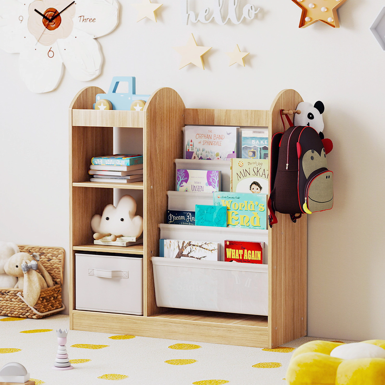 SUGIFT Kids 4-Tier Sling Shelves Mirror Fabric Drawer Toy Storage Organizer 34.5-in x 12-in x 35.5-in Ages 3+ Natural