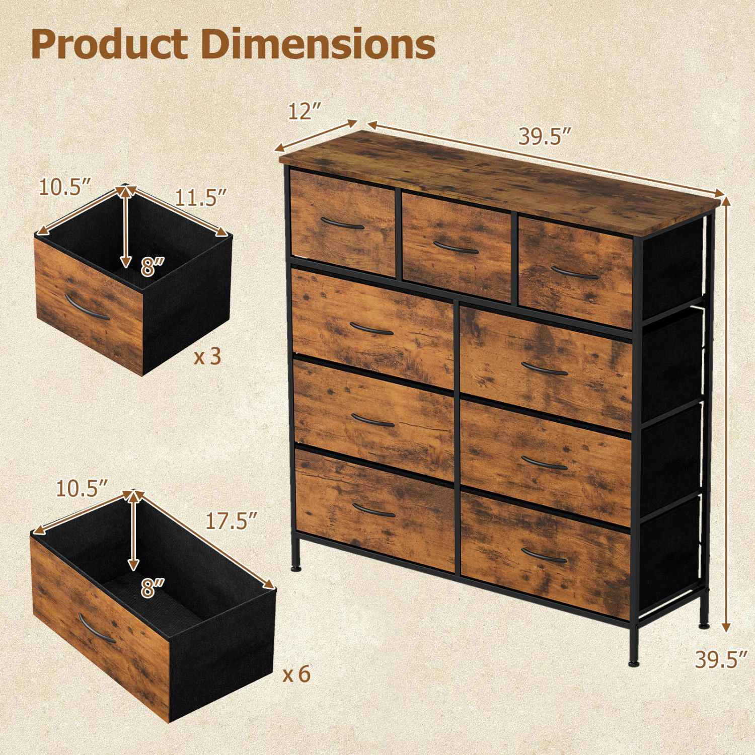 SlickBlue 9-Drawer Fabric Storage Cabinet with Wood Countertop