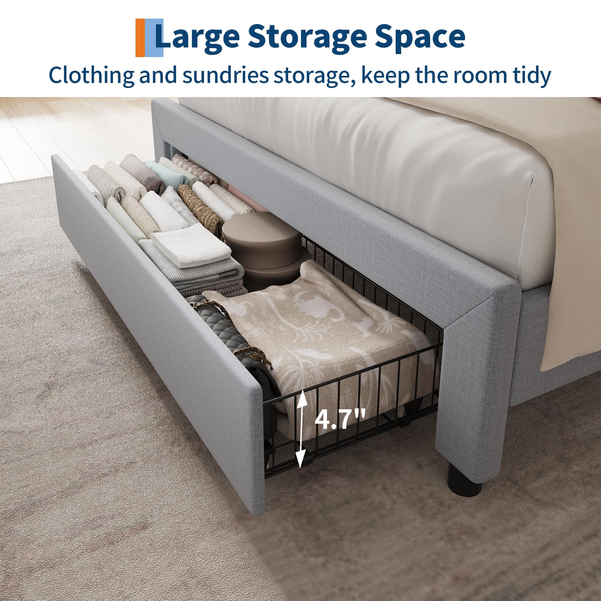Linen Upholstered Platform Bed with 2 Drawers, Storage Headboard, Charging Station and RGB LED Lights