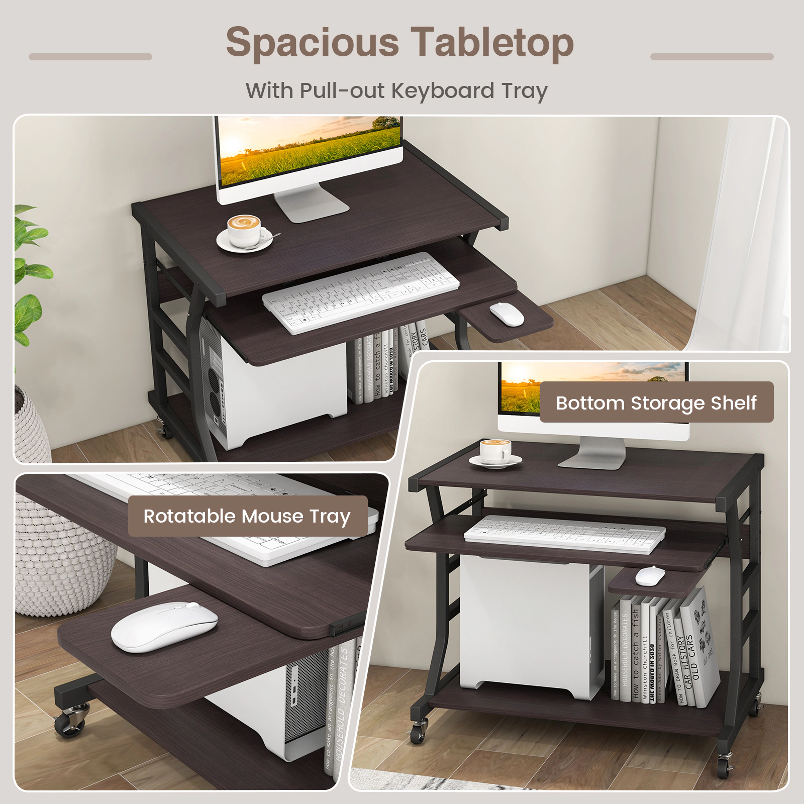 SUGIFT Dark Brown Keyboard Tray Rotatable Mouse Tray and Shelf 29.5 Inch Mobile Computer Desk