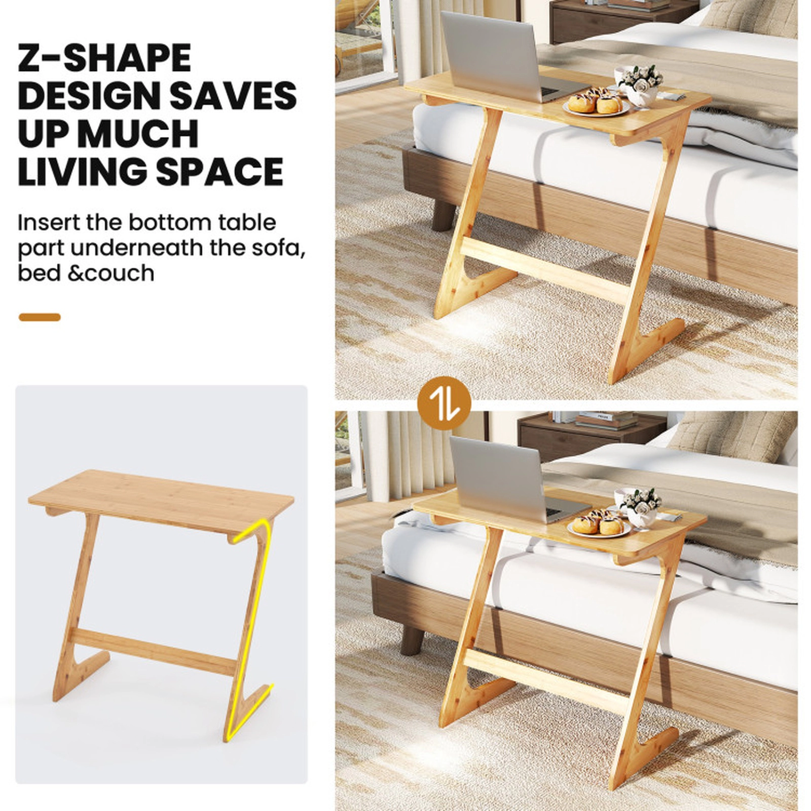 SUGIFT 30 in Bamboo Z-Shaped TV Tray Sofa Side Table with Metal Frame