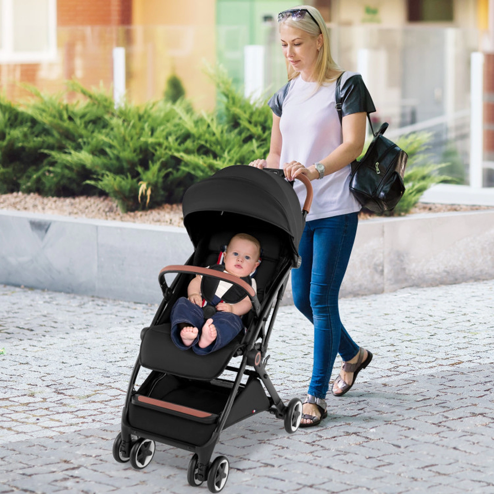 SUGIFT Lightweight Aluminum Frame Baby Stroller 33-lb Capacity Ages 0-3 Years Black with Parasol and Mosquito Net