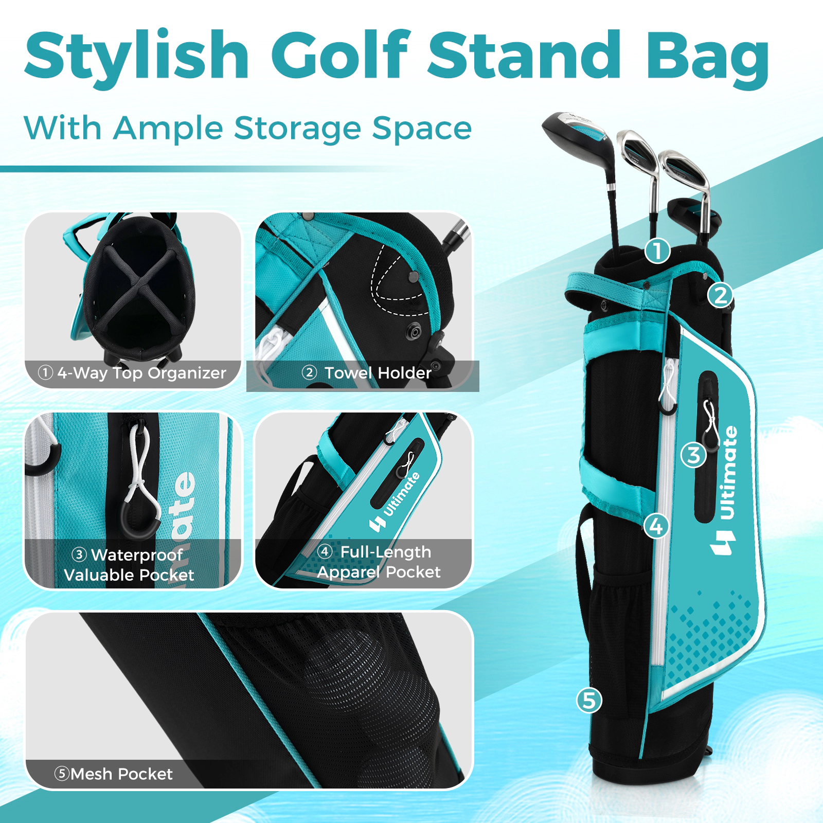 LJG Junior Complete Golf Club Set for Kids with Rain Hood Right Hand Children Age 8-10 Years Old