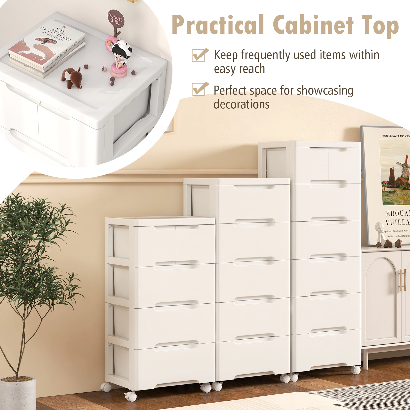 SUGIFT White Universal Wheels and Cabinet Top 5-Drawer Rolling Storage Cart