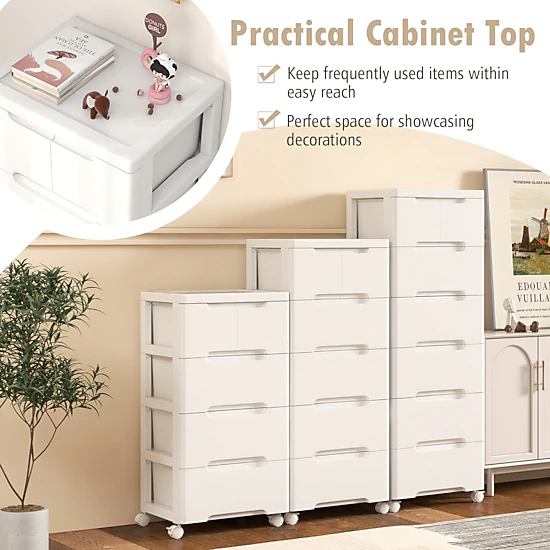 SUGIFT White Universal Wheels and Cabinet Top 5-Drawer Rolling