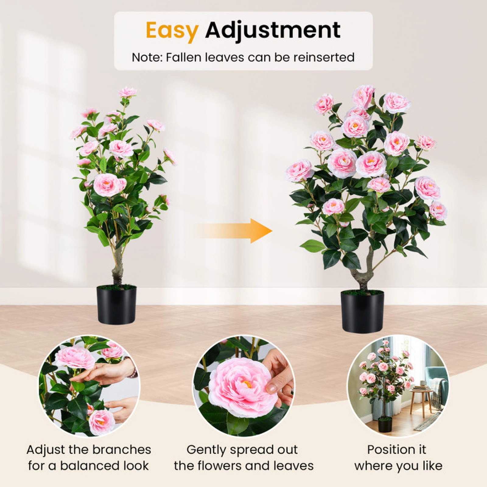 SUGIFT Set of 2 35.5-in 24 Blossoms 174 Leaves Artificial Camellia Trees 6-in x 5-in Cement Pot 15-lb Pink