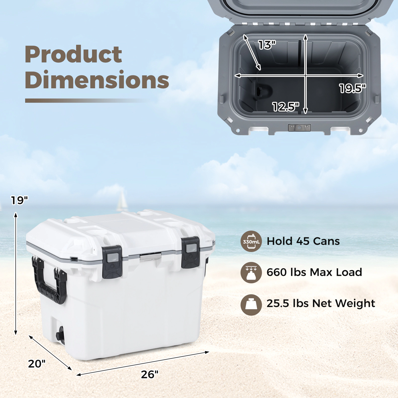 SUGIFT 53-Quart White Injection Molded Hard Cooler with Padlock Hole 26-in W 20-in D 19-in H 660-lb Lid Capacity