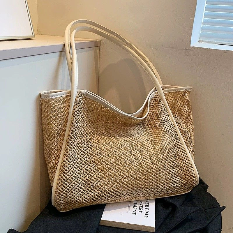 Alilang Women's Woven Straw Tote Bag with Shoulder Straps Lightweight Crochet Knit Pouch, Brown