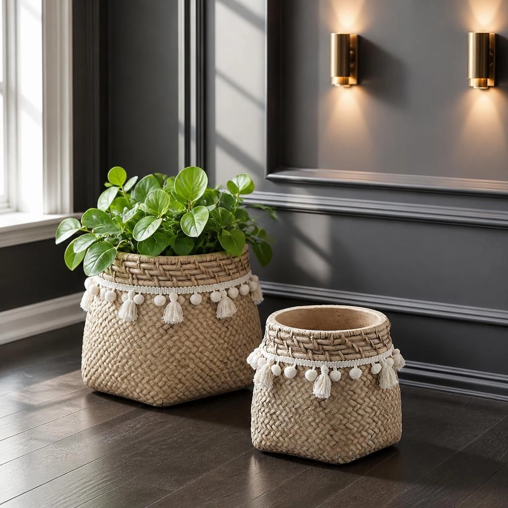 WOW PIONEER Solid Cement Round Planter Pot for Patio Balcony Backyard Porch Indoor Outdoor