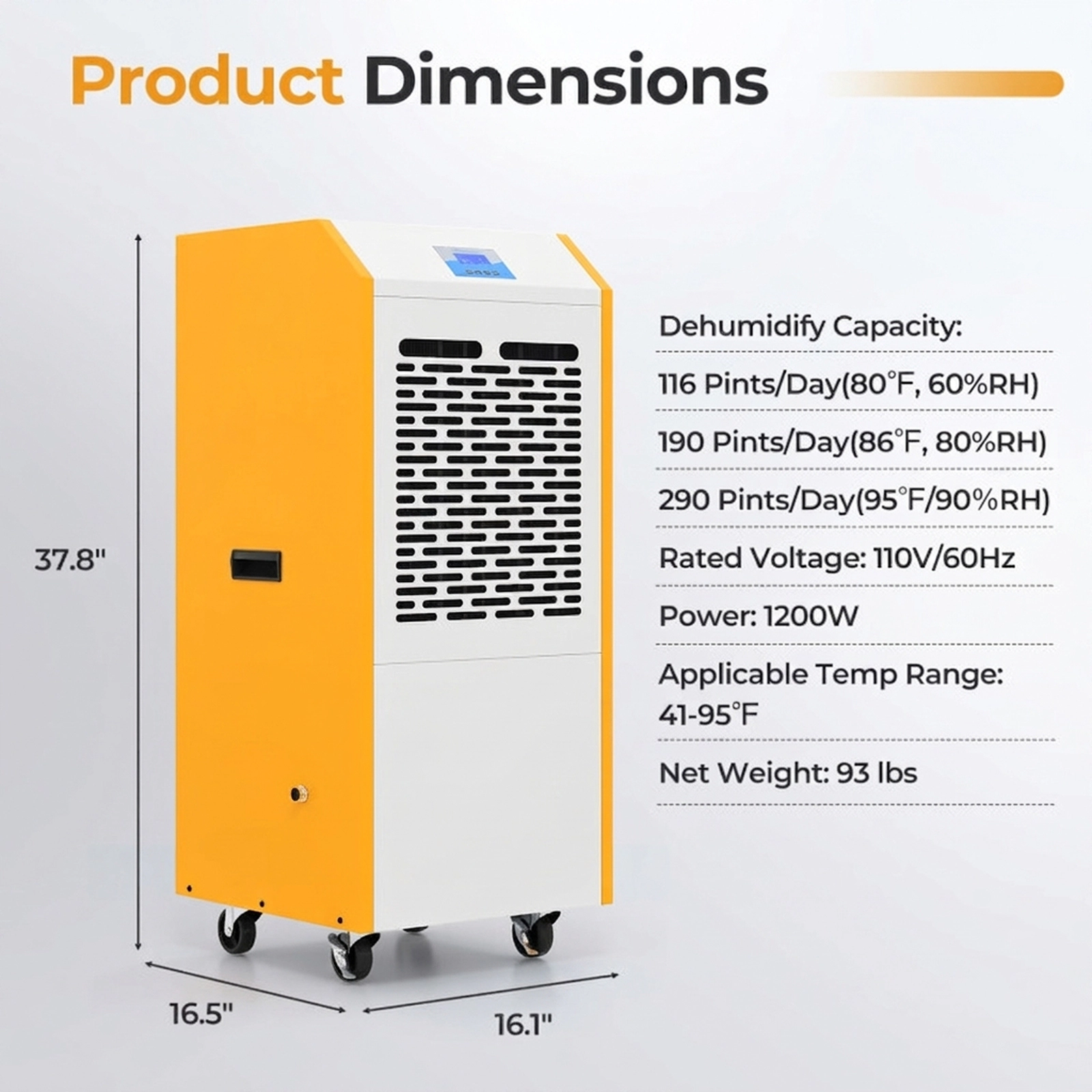 SUGIFT 290-Pint Commercial Dehumidifier with Built-in Pump 1000-cu m Airflow and 4 Locking Wheels