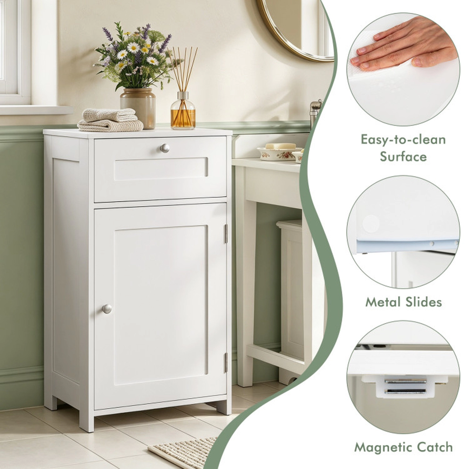 SUGIFT Single Door Drawer Adjustable Shelf Bathroom Storage Cabinet 17-in x 13.5-in x 30.5-in 220-lb Capacity White