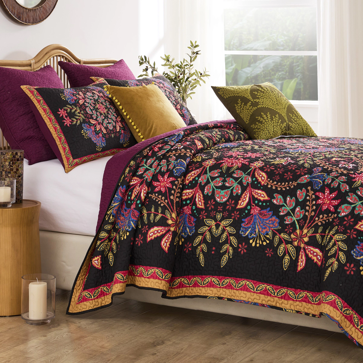 Greenland Home Fashion Microfiber Face Cotton Back Jessa Quilt Set 3-Piece Full/Queen Midnight