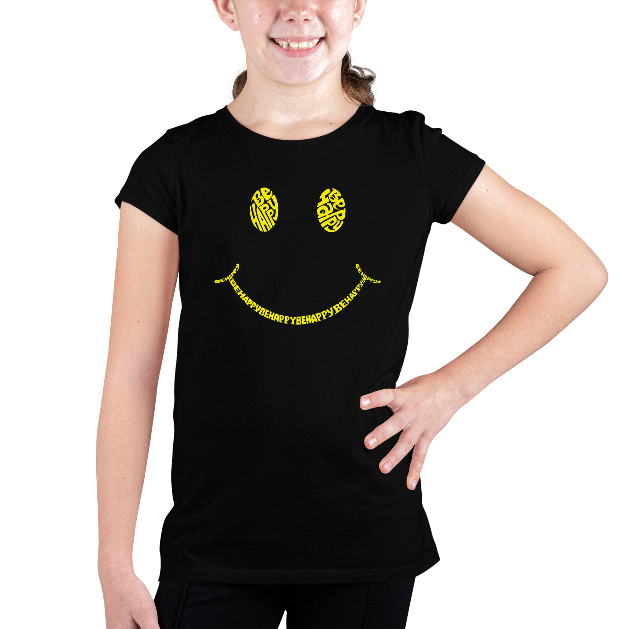 LA Pop Art Girls Word T-Shirt - Be Happy Smiley Face