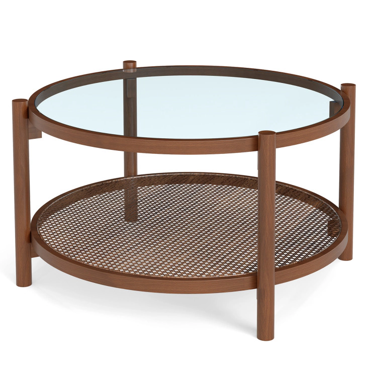 Hivvago 31 Inch 2-Tier Round Coffee Table With Tempered Glass Top For Living Room-Cherry