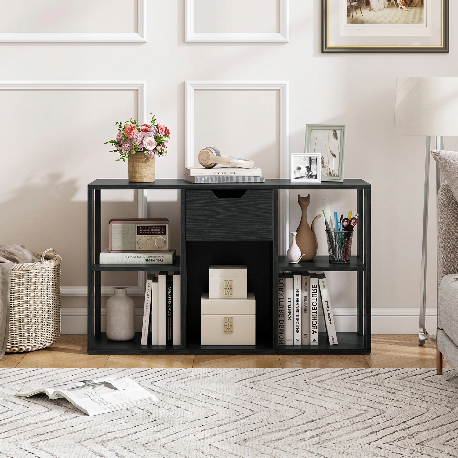 LJG 5-Cube Bookcase with Storage Drawer Freestanding Bookshelf Modern Display Rack